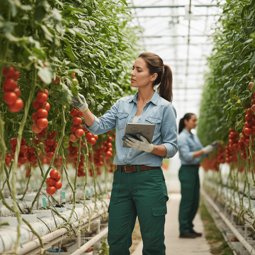 Agricultural workers reviewing crop data on tablet in greenhouse