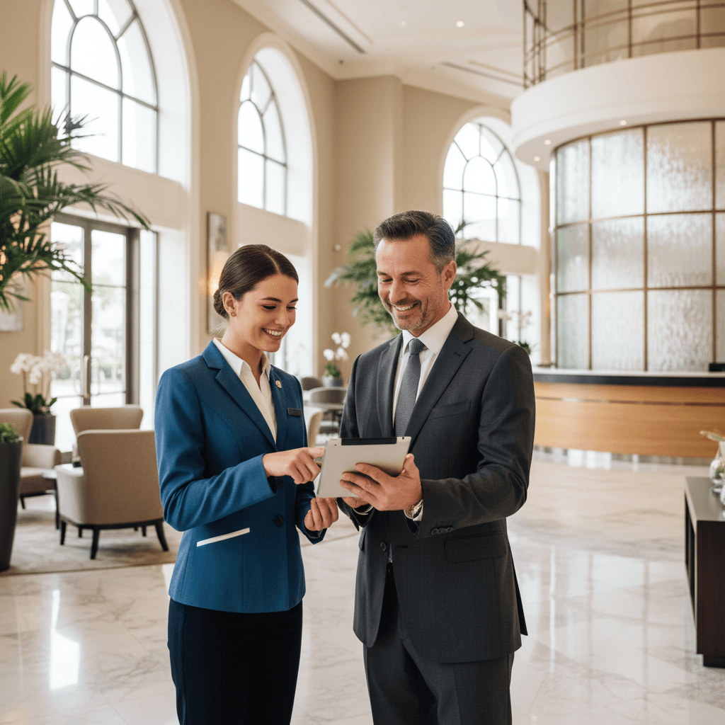 Hotel staff collaborating with a tablet