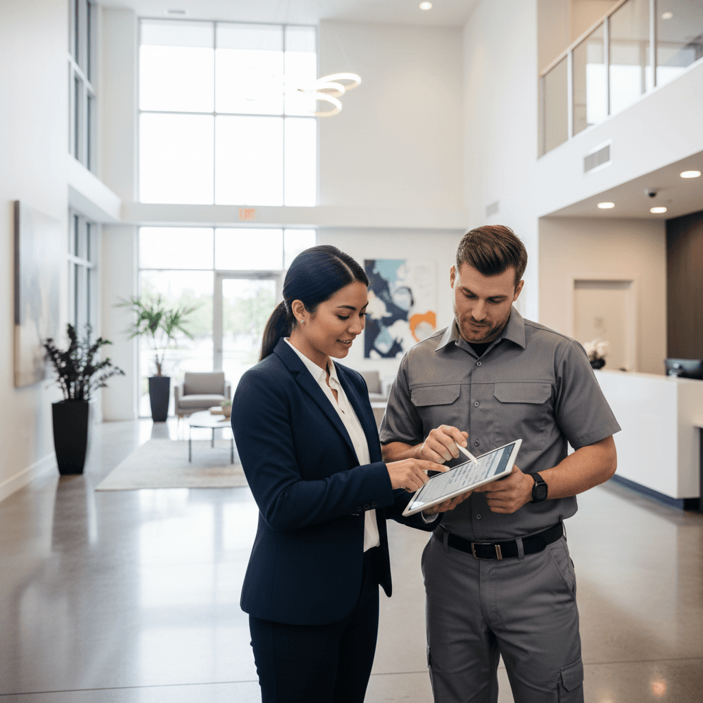 Property manager and maintenance worker collaborating with tablet